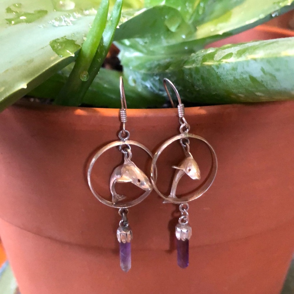 Gorgeous ss Dolphin earrings w Amethyst crystals